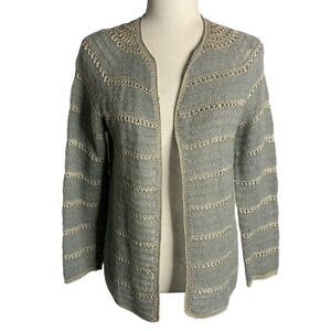 Vintage 60s Hand Crocheted Wool Cardigan Sweater S Grey Open Front Long Sleeves